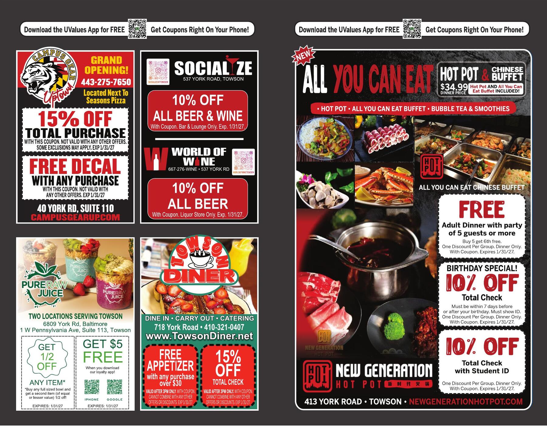 Inside coupon pages of the Towson Savings Magazine in Towson, MD — UValues Savings