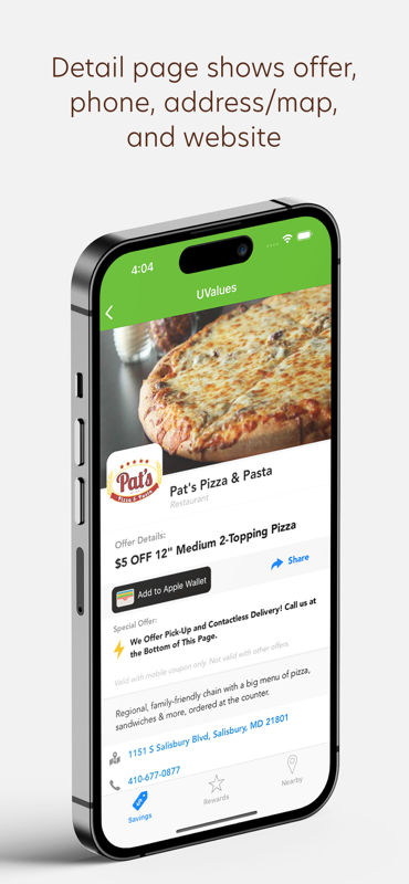 Offer, phone, map in the UValues app in Salisbury, MD — UValues Savings