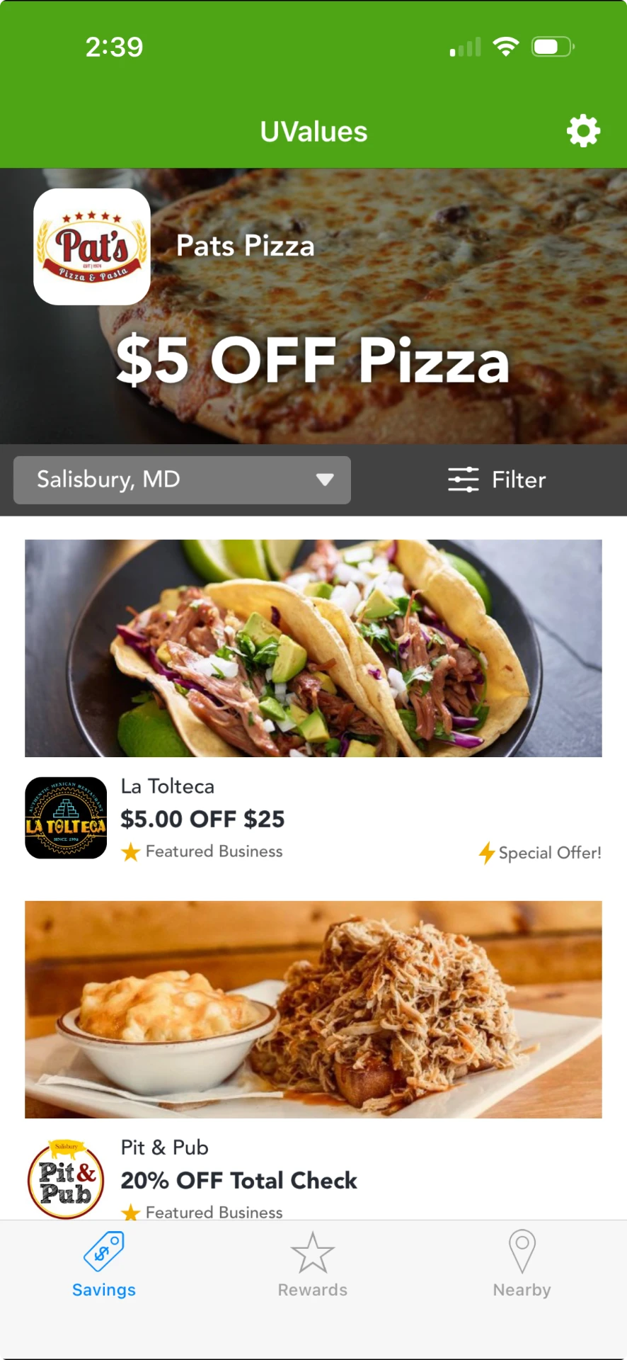 UValues app savings screen showing local coupons in Salisbury, MD — UValues Savings